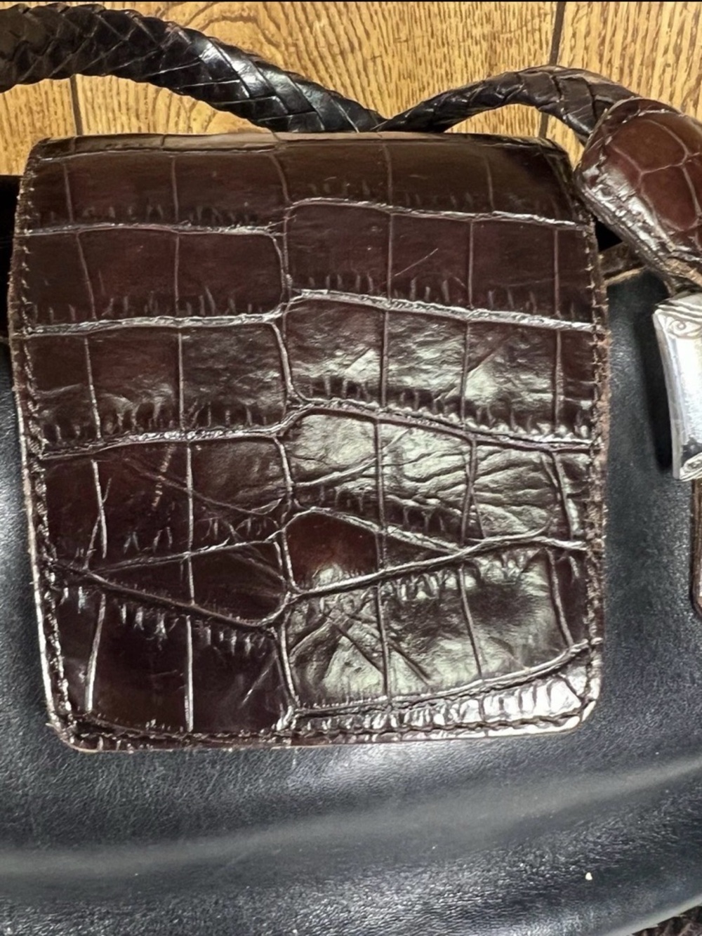 BRIGHTON Black Brown Croc Leather Bucket Shoulder Handbag Satchel Purse Bag - Picture 3 of 10